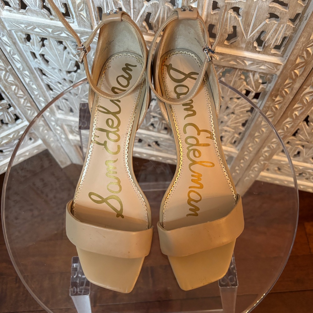 Womens Beige Sam Edelman Holmes Open Toe Square Block Heels Size 8.5